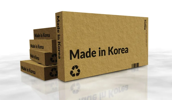韓国製のボックス生産ライン 製造と配送 製品工場 輸入と輸出 アブストラクトコンセプト3Dレンダリングイラスト — ストック写真