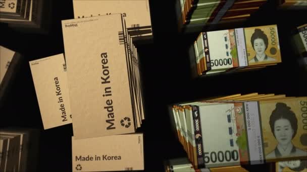 Dibuat Korea Kotak Baris Dengan Korea Won Tumpukan Uang Ekspor — Stok Video