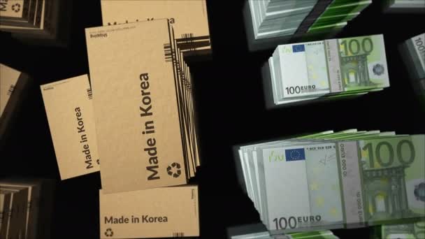 Tillverkad Korea Box Line Och Euro Pengar Bunt Stackar Export — Stockvideo