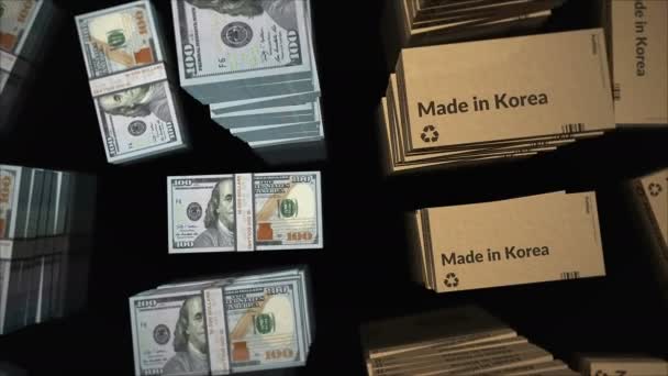 Hecho Corea Línea Caja Con Corea Ganó Montón Dinero Exportación — Vídeos de Stock