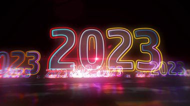 2023 yeni dijital tasarım konsepti. Fütürist soyut 3D çizim. Siber uzay biçimi.