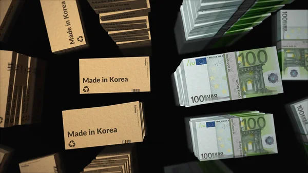 Made Korea Linea Scatole Fascio Denaro Euro Pile Esportazione Commercio — Foto Stock