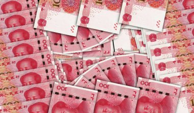 Çin Yuanı Renminbi nakit hayran mozaiği şeklinde banknotlar halinde. Çin 100 RMB banknotları. Soyut banka, finans, ekonomi dekoratif tasarım konsepti 3d illüstrasyon.