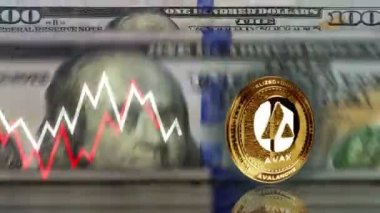 Çığ Avax kripto para birimi 100 dolardan fazla. Arka planda ABD banknot sayma ve çizelge çizgisi. Döngüsüz ve pürüzsüz 3D soyut kavram.