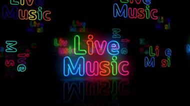 Canlı müzik neon parlayan sembolü. Renkli ampuller. Retro tarzı gece kulübü, eğlence ve müzikal gece partisi soyut konsept 3D animasyon.