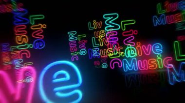 Canlı müzik neon sembolü. Renkli ampuller. Retro stili gece kulübü, eğlence ve müzikal gece partisi soyut, dikişsiz ve döngüsel konsept. 3D tünel animasyonunda uçuyor..