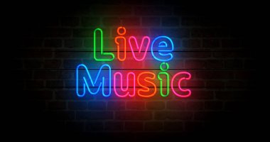 Canlı müzik neon sembolü. Retro tarzı gece kulübü, eğlence ve müzikal gece partisi ampulleri. Soyut konsept 3d illüstrasyon.