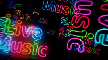 Canlı müzik neon sembolü. Retro tarzı gece kulübü, eğlence ve müzikal gece partisi ampulleri. Soyut konsept 3d illüstrasyon.