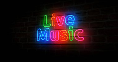 Canlı müzik neon sembolü. Retro tarzı gece kulübü, eğlence ve müzikal gece partisi ampulleri. Soyut konsept 3d illüstrasyon.