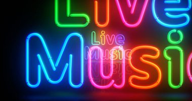 Canlı müzik neon sembolü. Retro tarzı gece kulübü, eğlence ve müzikal gece partisi ampulleri. Soyut konsept 3d illüstrasyon.