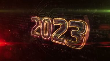 2023 yıl, yeni siber tasarım animasyonu. Soyut döngü ve kusursuz 3D. Siber uzay tarzı. Fütürist dijital teknoloji.