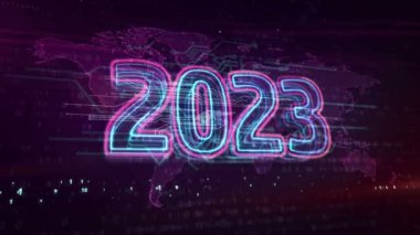 2023 yıl, yeni siber tasarım animasyonu. Soyut döngü ve kusursuz 3D. Siber uzay tarzı. Fütürist dijital teknoloji.