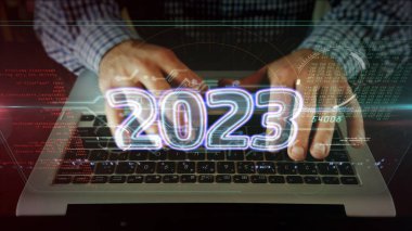 2023 yeni dijital tasarım konsepti. Fütürist soyut 3D çizim. Siber uzay biçimi.