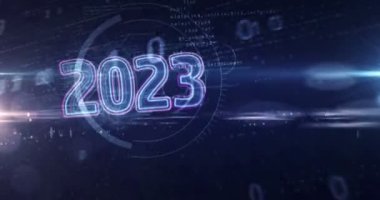 2023 yıl, yeni siber tasarım animasyonu. Fütürist soyut 3d mavi tüneli çevrilebilir ve pürüzsüz hale getiriyor.