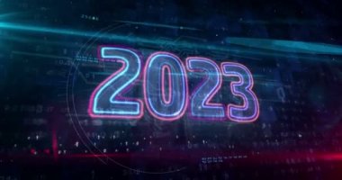 2023 yılı, yeni siber ve tekno tasarım animasyonu. Fütürist soyut neon. 3D görüntüleme döngüsü ve pürüzsüz.