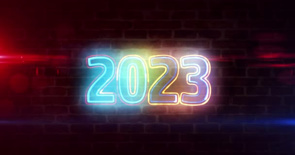 2023 Год Абстрактный Неоновый Знак Кирпичной Стене Абстрактная Трехмерная Мультипликация — стоковое видео