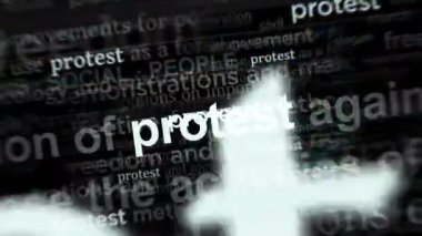 Protesto ve sosyal direniş hareketi ile uluslararası medyada manşet haberi. Gürültü görüntüleme döngüsündeki haber başlıklarının soyut konsepti. TV arıza efekti pürüzsüz ve döngülü.