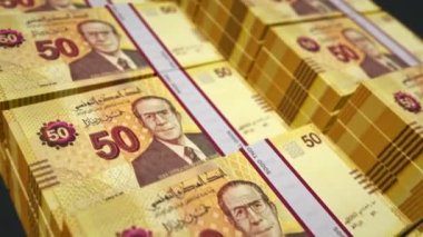 Tunus parası Tunus para paketi 3D animasyon döngüsü. Döngüsüz finans, nakit, ekonomi, iş ve banka kavramı. Kamera 50 TND banknot destesi üzerinde hareket ediyor.