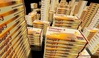 Omega 3 yağ tabletleri üretim hattı. Sağlıklı beslenme ve diyet destek hapları fabrikası. Soyut konsept 3D resimleme.