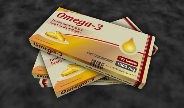 Omega 3 oil tablets box production line. Healthy nutrition and diet supplement pills pack factory. Abstract concept 3d rendering illustration.