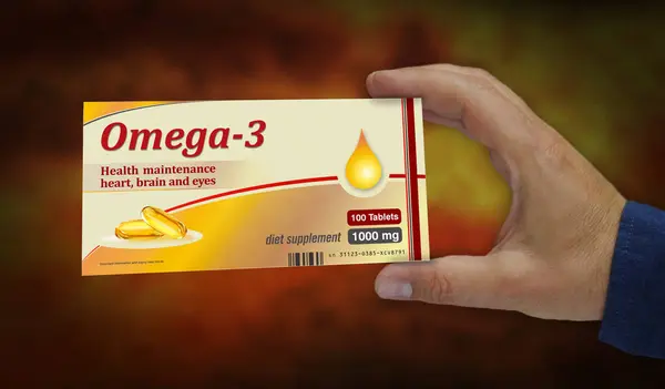 Caja Tabletas Aceite Omega Mano Nutrición Saludable Suplemento Dietético Píldoras — Foto de Stock