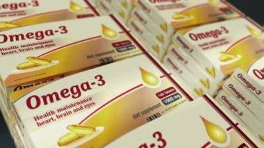 Omega 3 yağ tabletleri üretim hattı. Sağlıklı beslenme ve diyet destek hapları fabrikası. Soyut kavram 3d biçimlendirilebilir döngüsüz canlandırma.