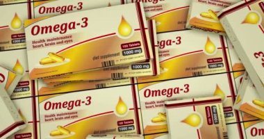 Omega 3 yağ tabletleri üretimi. Sağlıklı beslenme ve diyet takviyesi hapları paketleme endüstrisi. Soyut arkaplan kavramı 3d canlandırma canlandırması.