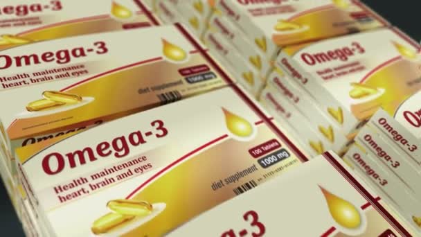 Omega Olaj Tabletta Doboz Gyártósor Egészséges Táplálkozás Étrend Kiegészítő Tabletták — Stock videók