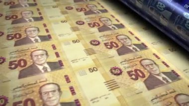 Tunus parası Tunus dinarı para basım makinesi döngüsü. Kağıt TND banknot baskısı 3D döngü kusursuz. Soyut bankacılık, borç, finans, ekonomi ve kriz kavramı.