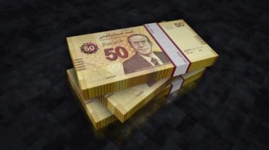 Tunus parası Tunus dinarı para yığını. Ekonomi, bankacılık, iş, kriz, durgunluk, borç ve finans konularının kavramı. 50 TND banknotlar 3D animasyon yığın.