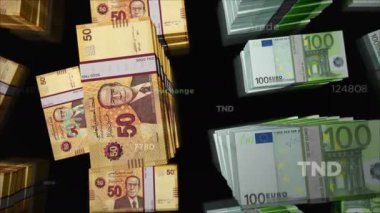 Euro ve Tunus Dinar para değişimi. Kağıt banknotlar tomar tomar. Ticaret, ekonomi, rekabet, kriz, bankacılık ve finans kavramı. Döngüsüz 3D canlandırma notaları.
