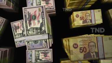 Amerikan Doları ve Tunus Dinar para değişimi. Banknotlar tomar tomar. Ticaret, ekonomi, rekabet, kriz, bankacılık ve finans kavramı. Döngüsüz 3D notalar.