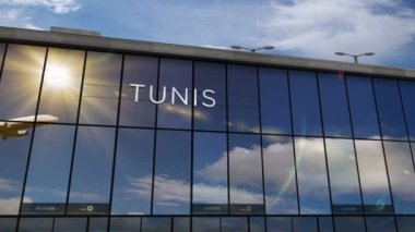 Tunus, 3D 'ye uçak iniyor. Cam havaalanı terminali ve jet uçağının yansımasıyla şehre vardık. Seyahat, iş, turizm ve ulaşım 3D konsepti.