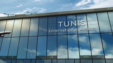 Tunus, 3D 'ye uçak iniyor. Cam havaalanı terminali ve jet uçağının yansımasıyla şehre vardık. Seyahat, iş, turizm ve ulaşım 3D konsepti.