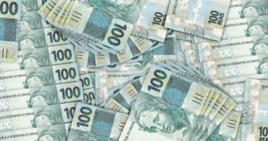 Brezilya 'nın gerçek banknotları bir mozaik mozaik döngüde. Brezilya 100 BRL banknotları. Soyut banka, finans, ekonomi kusursuz ve döngülü dekoratif tasarım arka planı kavramı. 