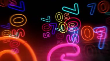 70 'lerin neon sembolü. Renkli ampuller. Geçmişe dönük 1970 'ler nostaljisi ve Vistage parti tarzı soyut, pürüzsüz ve döngüsel konsept. 3D tünel animasyonunda uçuyor..