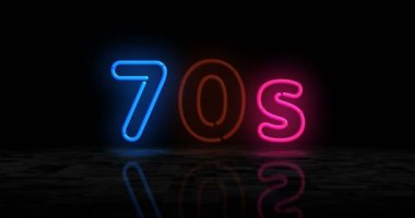 70 'lerin neon parlayan sembolü. Renkli ampuller. 70 'lerin nostaljisi ve Vistage parti tarzı soyut konsept 3D animasyon.