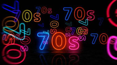 70 'lerin neon sembolü. Retro 1970, 70 'lerin nostaljisi ve parti tarzı ampuller. Soyut konsept 3d illüstrasyon.