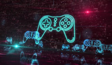 Esport retro video oyun evi ve dijital spor oyun sembolü dijital konsept. siber teknoloji ve bilgisayar arkaplanı soyut 3D resimleme.