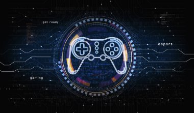 Esport retro video oyun evi ve dijital spor oyun sembolü dijital konsept. siber teknoloji ve bilgisayar arkaplanı soyut 3D resimleme.