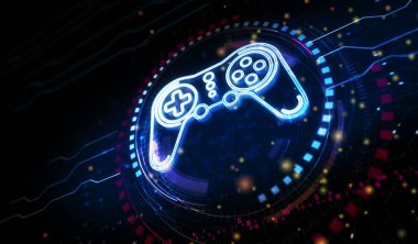 Esport retro video oyun evi ve dijital spor oyun sembolü dijital konsept. siber teknoloji ve bilgisayar arkaplanı soyut 3D resimleme.