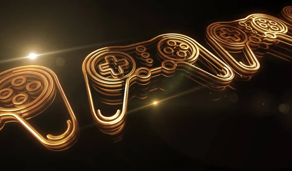 Esport复古视频游戏垫和数字体育游戏黄金金属发光符号的概念 光学发光和反射光图标抽象物体3D插图 — 图库照片