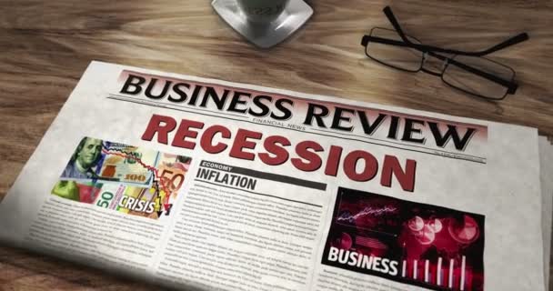 Rezession Wirtschaftskrise Und Wirtschaftsabsturz Tageszeitungen Auf Dem Tisch Schlagzeilen Nachrichten — Stockvideo