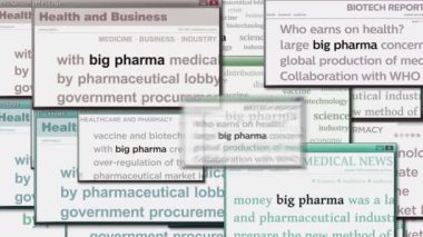 Big Pharma, bilgisayar ekranında ilaç ve ilaç işi yapan pencereler açıyor. Medya boyunca haber başlıklarının soyut konsepti. Kusursuz ve döngülü ekran canlandırması.