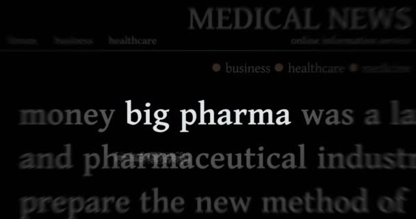 Big Pharma Vezető Híre Nemzetközi Médiában Orvostudományban Gyógyszeriparban Absztrakt Koncepciója — Stock videók