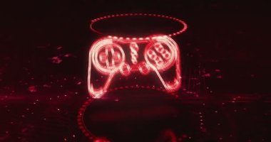 Dijital arka planda Esport retro video oyun bloknotu ve dijital spor oyun hologramı sembolü görünür. siber teknoloji ve bilgisayar soyut konsept 3 boyutlu animasyon.