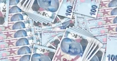 Türk lira banknotları nakit fan mozaik model döngüsünde. Turkey 100 deneme notası. Soyut banka, finans, ekonomi kusursuz ve döngülü dekoratif tasarım arka planı kavramı.
