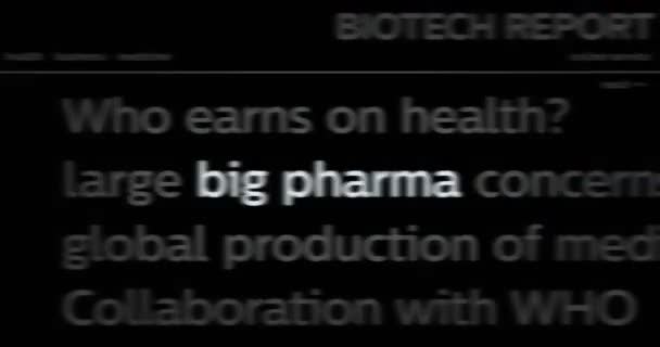 Big Pharma Vezető Híre Nemzetközi Médiában Orvostudományban Gyógyszeriparban Absztrakt Koncepció — Stock videók