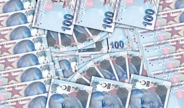 Turkish Lira Banknotes Cash Fan Mosaic Pattern Turkey 100 Try — Stock Photo, Image