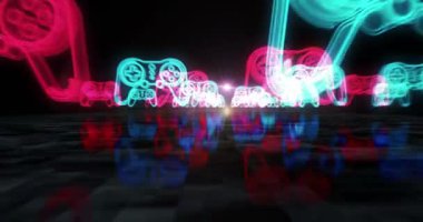 Esport retro video oyun evi ve dijital spor oyun sembolü soyut siber konsept. Dijital teknoloji ve bilgisayar arkaplanı pürüzsüz ve döngülü 3D animasyon.